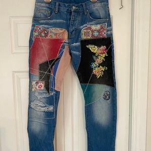MNML LA denim Patchwork embroidered tapestry jeans